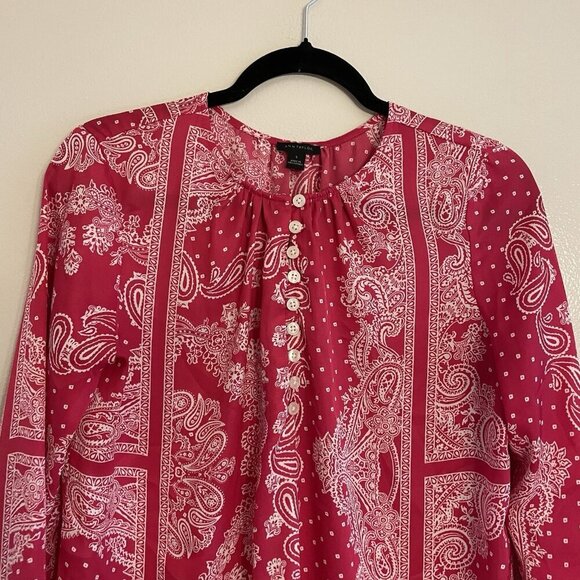 Ann Taylor Women S Pink Bandana Paisley Long Sleeve Lightweight Popover Blouse - Picture 4 of 9
